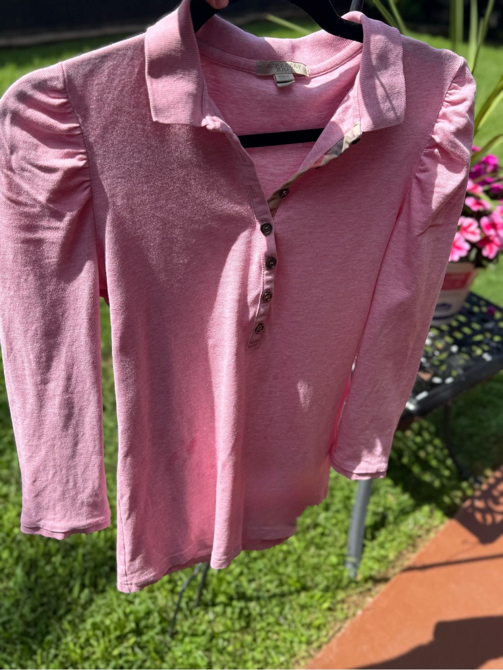 Burberry Brit Pink Puff Sleeve Polo Top Nova Check Trim M